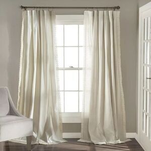LUSH Rosalie Faux Linen Window Panel Curtain SET Ivory 95 x 54 Pair Crochet Trim